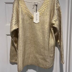 Vince Camuto Metallic Gold V-Neck Sweater Medium